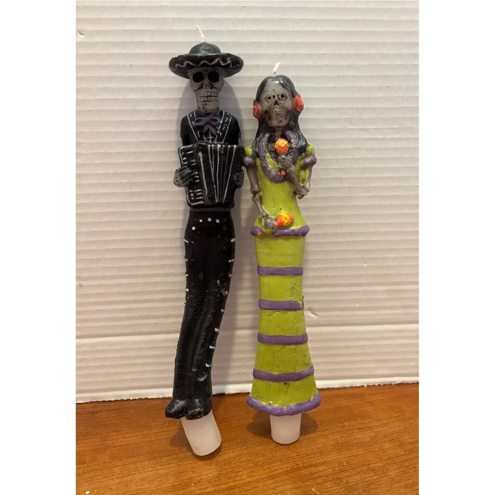 Day of the Dead Skeleton Taper Candles Set Accordion Maracas Mexican Folk Art